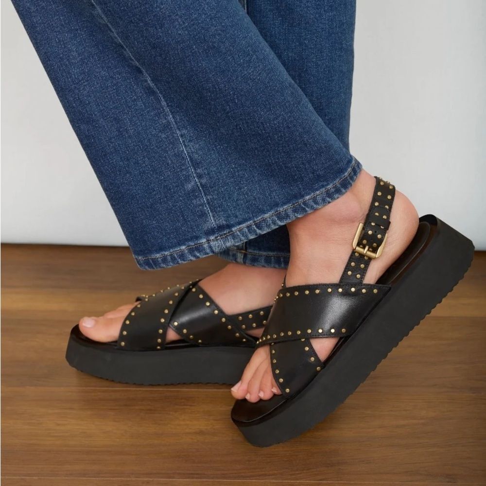 Anthropologie Maeve Black Gold Studded Platform Sandals